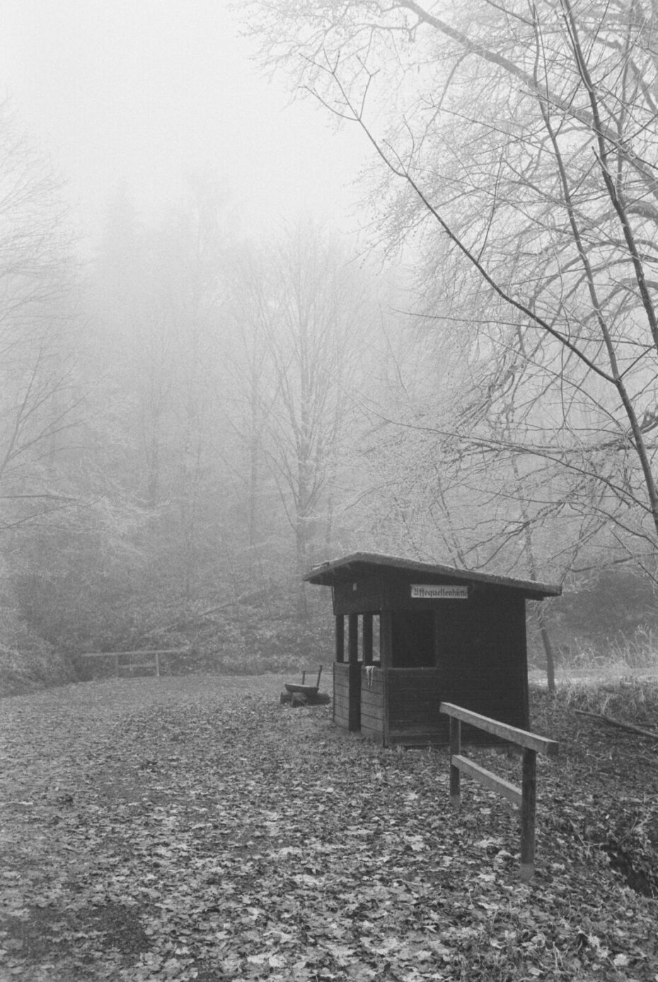 Wanderhütte mit Blick auf die Uffequelle, im Hintergrund der Wald, der langsam im Nebel verschwindet