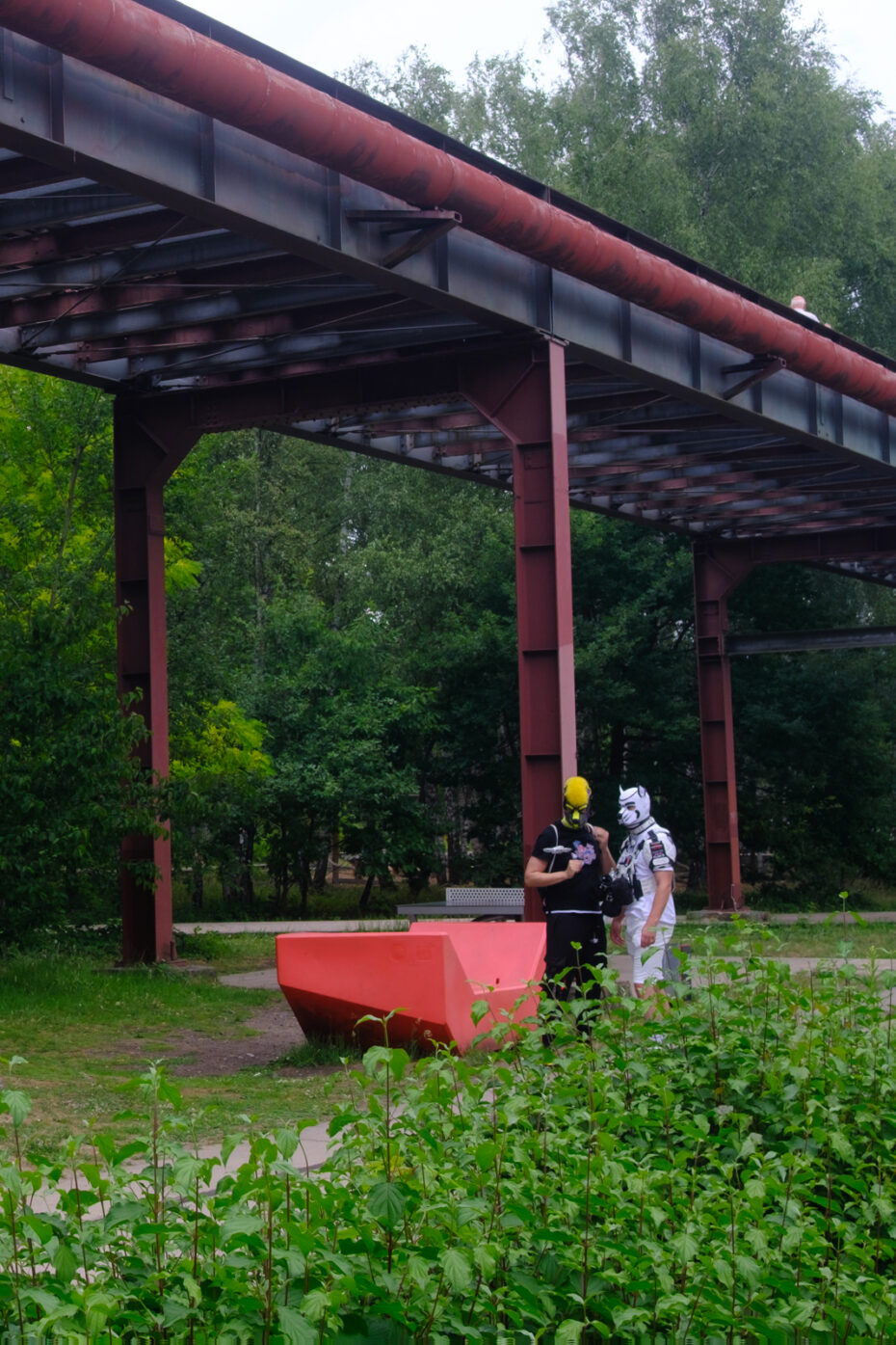 Zwei Besucher des Technofestivals, die von einer Drohne fotografiert werden und Hundemasken tragen